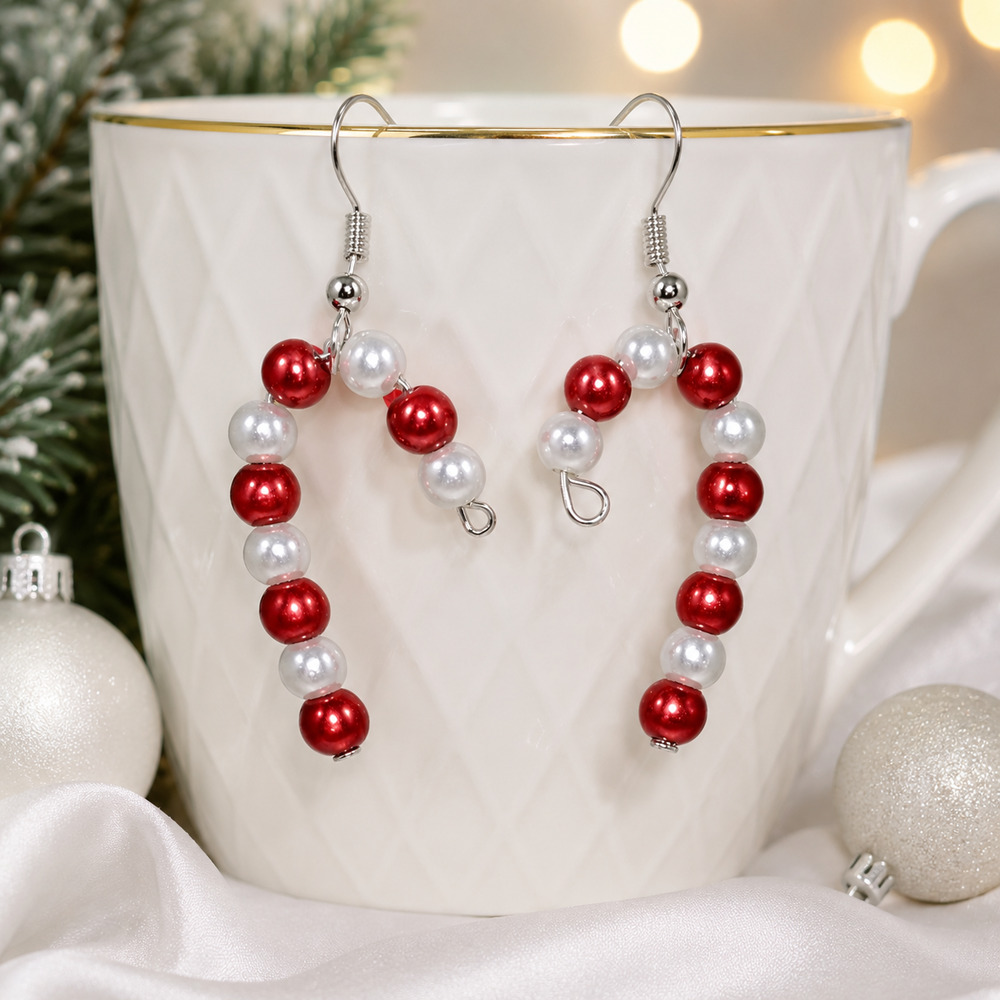 Handmade Glass Pearl Candy Cane Earrings: Festive Holiday #C3